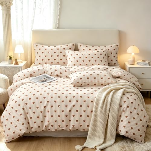Image of Nayoroom Brown Heart Striped Duvet Cover Queen Size Girls Cute Aesthetic Dorm Bedding Set 3 Pieces Soft Lightweight Microfiber Farmhouse Duvet Cover
