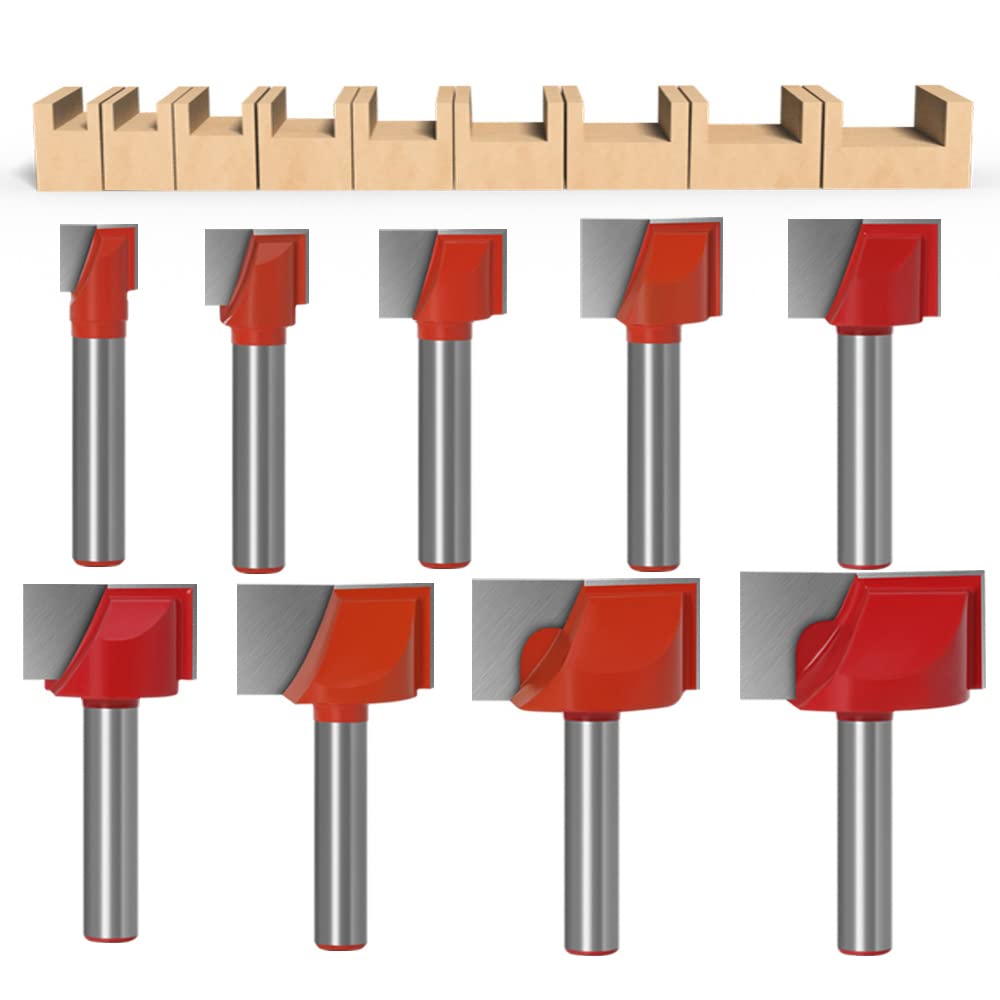 ASNOMY 8 mm schacht vloerreiniging freesset, 9 stuks frees schachtfrees houtbewerkingsgereedschap bit, tweesnijdige vlakfrees - 10/13/16/18/20/22/25/30/32 mm