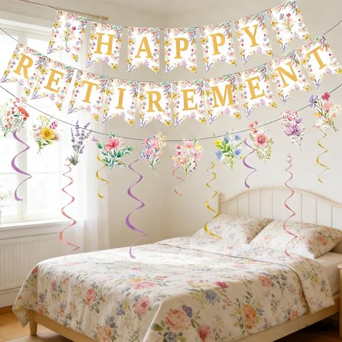 Image of Wildflower Retirement Party Decorations for Women | Gold Happy Retirement Banner with Floral Hanging Swirls,Just Retired Party Decor Supplies
