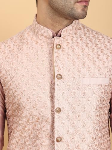 Image of Ethluxis Men Silk Blend Kurta Jacket Set with Mandarin Collar