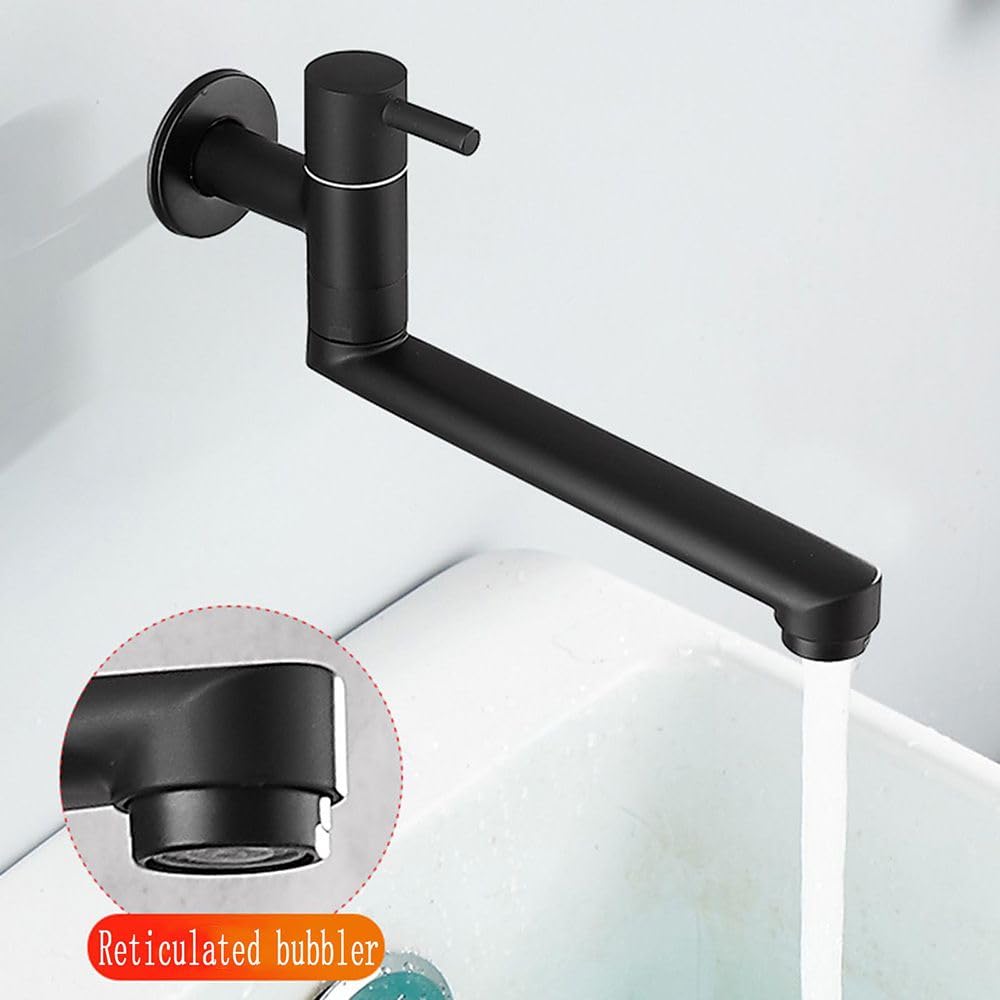 HomeLava Rubinetto da cucina, montaggio a parete, solo acqua fredda, rubinetto da parete, rubinetto per acqua fredda con 360 rotante, beccuccio lungo 23 cm, in acciaio inox, nero