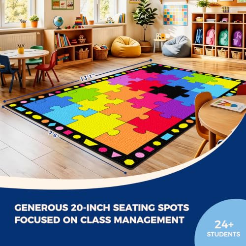 Image of Booooom Jackson Colorful Rainbow Classroom Rug - 7'6 inch x 13'1 inch Large Carpet with 24 Spots for Preschool, Elementary, Daycare - Non-Slip Backing, Seating Squares for Circle Time & Reading
