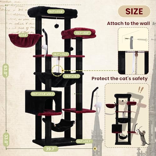 Image of Gitelsnour Cat Tree, 63'' Cat Tower for Large Cats, Big Hammock GCT020BR