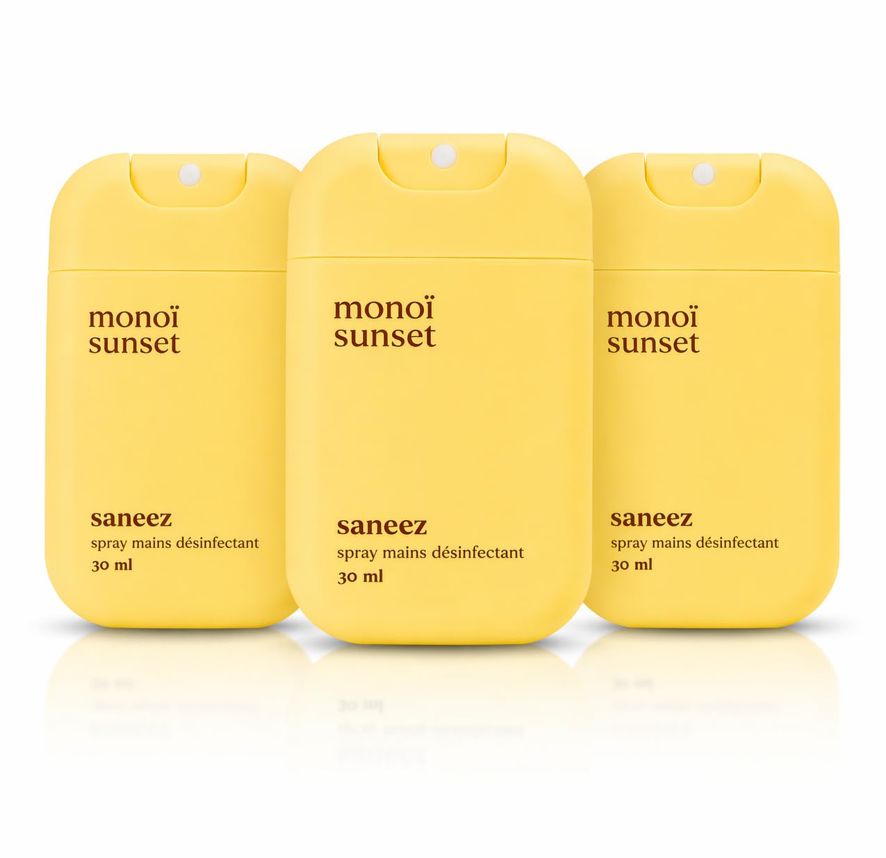 Spray Mains Désinfectant Parfum Monoï – Lot de 3 x 30 ml – Format Poche – Sans Rinçage – Parfum Monoï Sunset – Hygiène Nomade