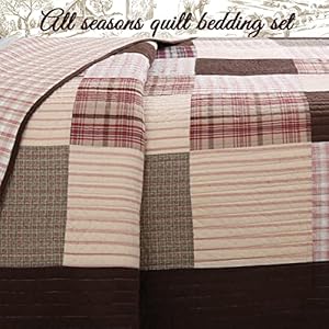 Cozy line home fashions brody farmhouse chocolate plaid striped real patchwork reversible quilt bedding set coverlet bedspread brown grid queen 3 piece  urban country home decor