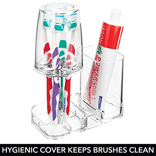 Mdesign Modern Plastic Bathroom Vanity Countertop Toothpaste & Toothbrush Holder Stand With Rinsing Cup/Cover - Dental Center Holds Electric Toothbrushes - Clear #TOP2