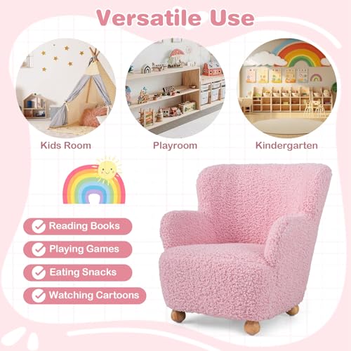 Image of KOTEK Comfy Toddler Chair, Sherpa Kids Armchair with Rubber Wood Legs, Children Reading Chair for Boys & Girls, Upholstered Kids Sofa for Playroom Bedroom Nursery (Light Pink)