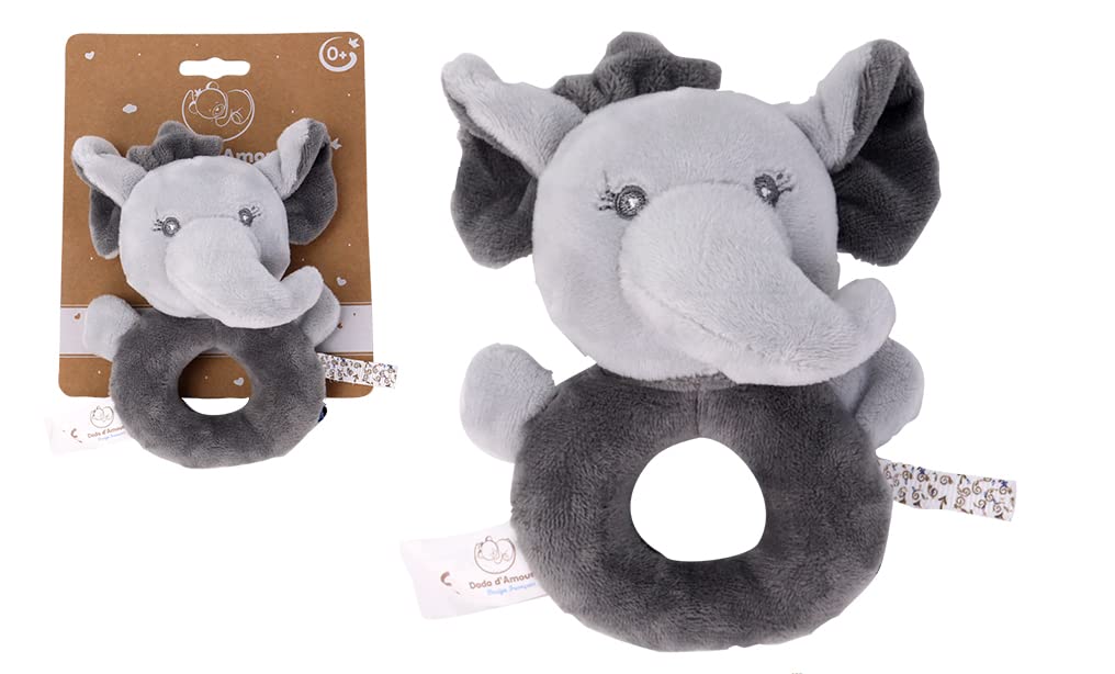 Dodo d'AMOUR - Peluche sonajero - Elefante - 037391 - Gris - Polar - Nacimiento - Peluche - Bebé - Reconfortante - Suave - Lavable - 13 cm x 10 cm - A Partir de 0 Meses.
