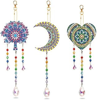 MWOOT 3Pcs 5D Diamond Art Painting Wind Chime,DIY Hanging Crystal Suncatcher Kit,Double Sided Crystal Paint by Number Hanging Ornament for Home Garden Decoration(Moon+Heart+Mandala)
