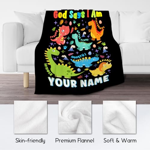 Custom Dinosaur Blanket, Cozy Soft Throw Gifts for Boys, 40x50 Inch Cute Flannel Blanket for Dinosaur Lovers, God Says I Am Throw Blankets for Couch Sofa