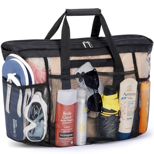 Lifewit Mesh Tote Bags for Women, Large Mesh Tote Bags with Zipper and Pockets, Lightweight Shower Caddy, Beach Essentials for Family, Pool Bag Basket for Women Vacation, Swimmers Black