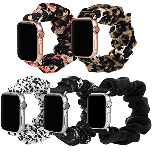 Simpeak 5Pack Elastic Fabric Scrunchie Band Compatible with Apple Watch 41mm 40mm 38mm, Women Girl Strap Replacement for iWatch Series 9 8 7 6 SE 5 4 3, Large, Black/Leopard/Cow/Red Flower/Floral