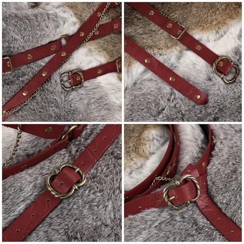 Image of HiiFeuer Medieval DIY Faux Leather Metal Chain Belt, Vintage Adjustable Thin Belt For Women, Retro Skinny Belt For Dresses (Red A)