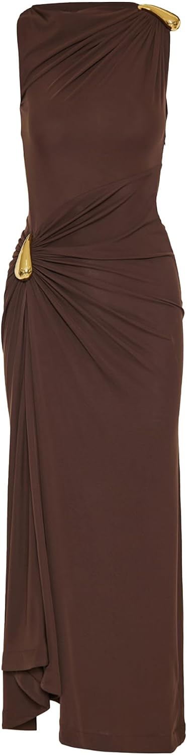 Women‘s Ruched Bodycon Dress Casual Sleeveless Club Elegant Party Cocktail Maxi Evening Dresses with Buckle Detail