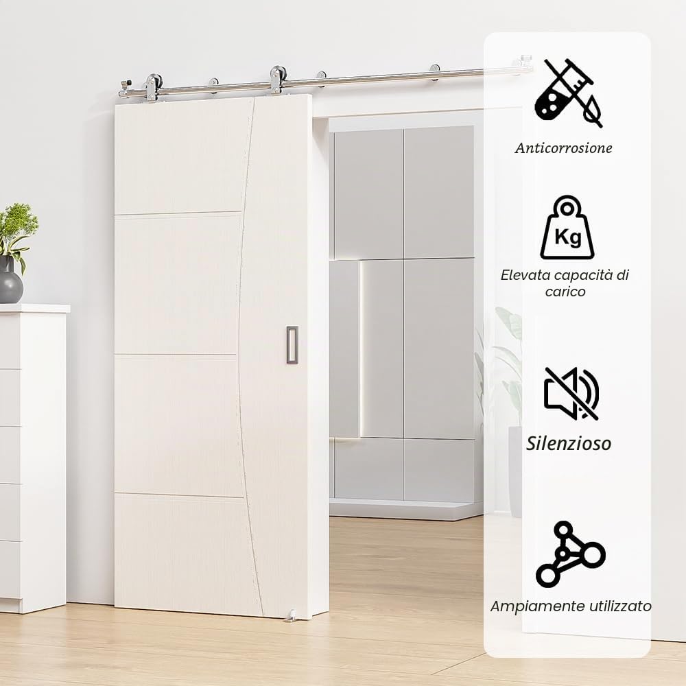 5.5FT/167cm Kit completo di hardware porta scorrevole in acciaio inossidabile con guida a pavimento per 1 porta in legno a forma di T