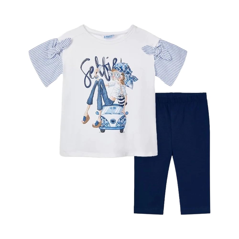 Generico Conjunto completo niña camiseta blanca con gráficos Selfie y pantalones leggings azul marino – Manga corta con lazo, look casual verano modelo 3736