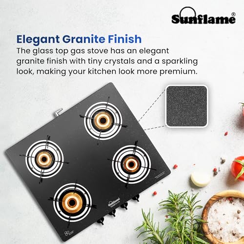 Image of Sunflame Granito 4 Burner Gas Stove | 1 Jumbo, 1 Medium and 2 Small Brass Burners | 2 Years Product Coverage by Sunflame | Granite Finish Glass Top | Easy to Maintain | PAN India Presence| Black