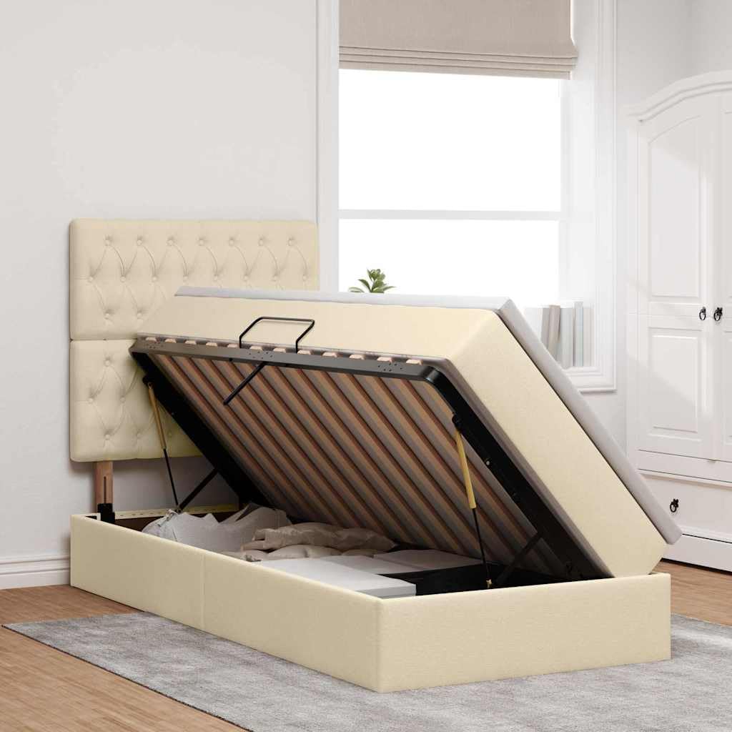 Cama de piel sintética con espacio de almacenamiento, cama elevadora lateral 90 x 190 cm, color crema, poliéster, incluye colchón y mecanismo de elevación hidráulica, altura de la cama de 48,5