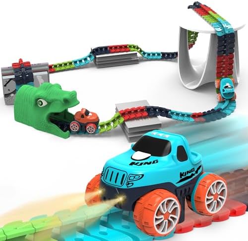 Race Car Track Toy for Kids Ages 3 4 5 6 7 8+ with LED Light-Up Vehicles, Flexible Dinosaur Race Track Battery Electric Race Car Track Set, Gifts Toys for Boys Girls Toddlers (200 Pcs,2 Car)