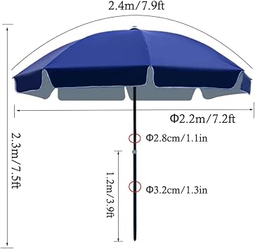 GHARAZ 2.4m/8ft Beach Umbrella, Portable Sun Shade Umbrella, Waterproof,UV Protective, 8 Ribs
