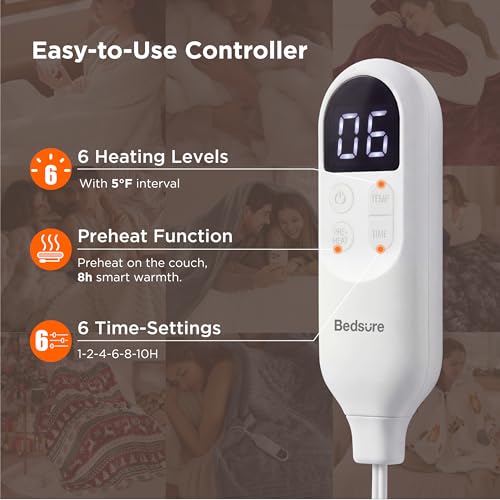 Image of Bedsure Heated Blanket Throw Blanket - Fast Heating Electric Blanket, Soft Flannel Throw with 6 Time Settings(Up to 10H), 6 Heating Settings, Gifts for Grandma & Grandpa & Seniors (50 inchx60 inch, Cream)