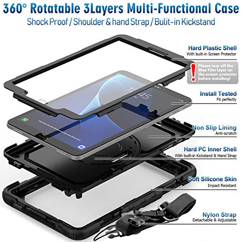Timecity Samsung Galaxy Tab A 10.1 Case 2016 Release, Sm-T580 T585 T587 Case, Heavy Duty Protection Case With Screen Protector, Swivel Stand, Hand Strap And Shoulder Strap Stylus Holder - Black #TOP6