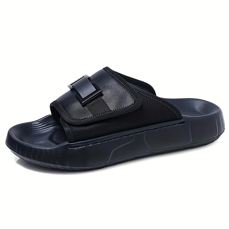 Men's Summer Thick-Sole Non-Slip Slides - Stylish White & Black Casual Beach Sandals with Adjustable Strap, Comfortable for Casual Attire