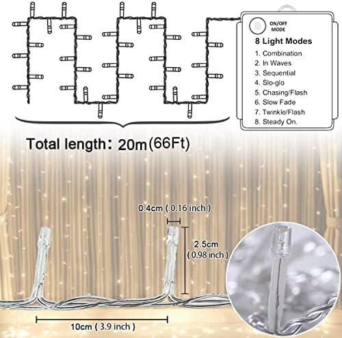XIYUNTE 200 LED String Lights Battery Powered - 20M / 66ft 8 Modes Warm White Fairy Lights Waterproof Christmas String Lights for Indoor/Outdoor