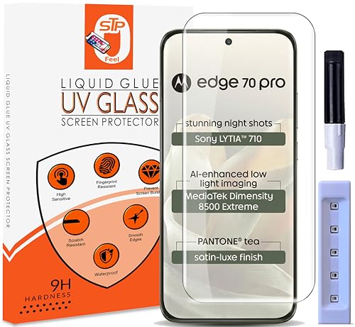Image of STP FEEL Premium UV Tempered Glass Screen Protector Guard Compatible For Motorola Edge 70 Pro 5G (6.8 Inch, Pack of 1) Full Adhesive UV Curved Case Friendly HD Clarity with easy installation kit