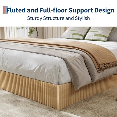 Image of GarveeHome Queen Size Bed Frame, Wood Platform Bed, Fluted Bed Frame, Minimalist Bed Base with Low Profile Design, Noise-Free, Easy Assembly, No Box Spring Needed, Oak