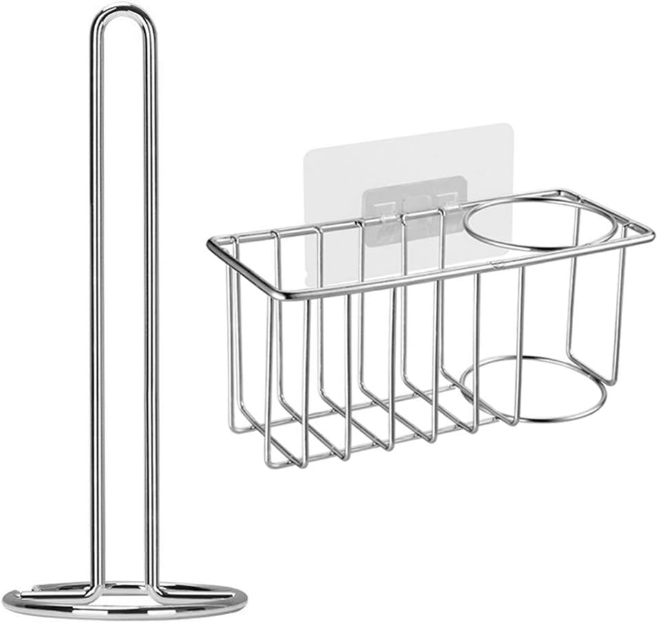 Kitchen Standing Paper Towel Holder with 2 in 1 Adhesive Sponge and Brush Hanger Sink Caddy Organizer