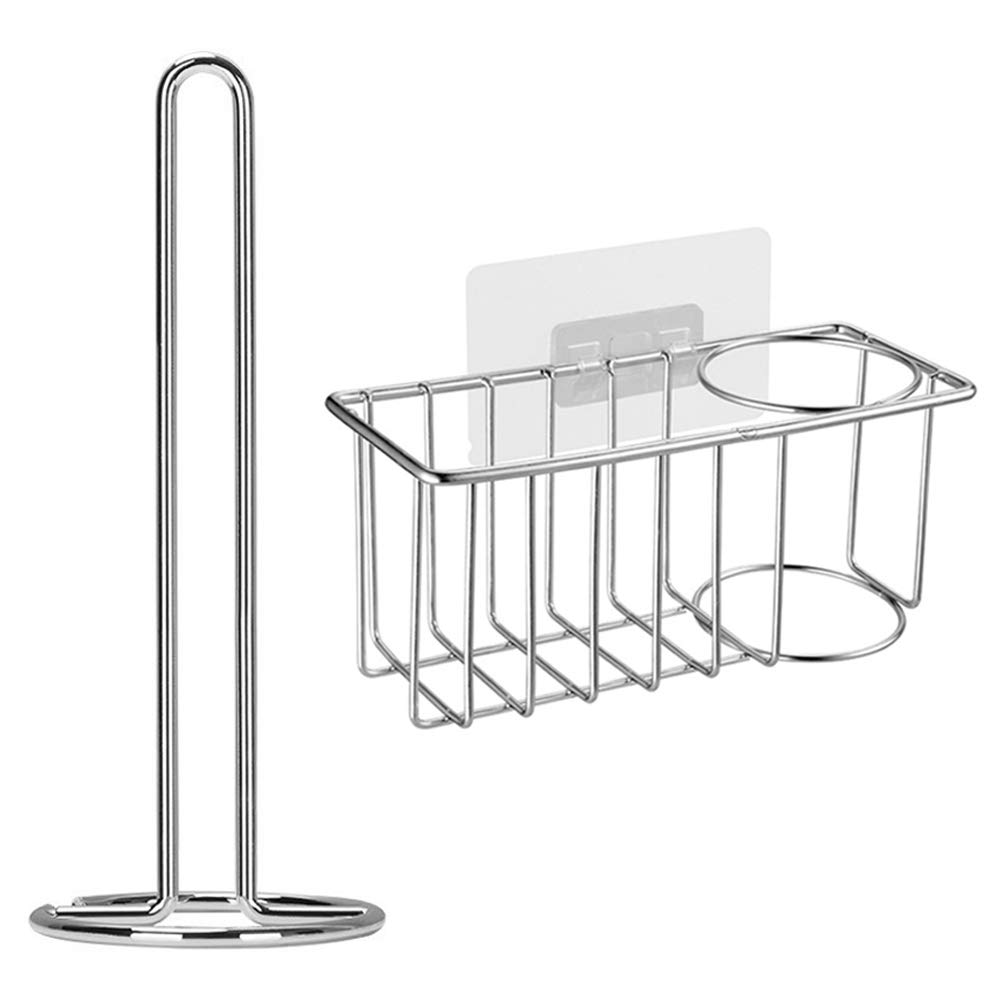 Kitchen Standing Paper Towel Holder with 2 in 1 Adhesive Sponge and Brush Hanger Sink Caddy Organizer