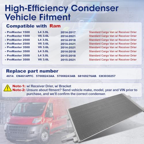 Image of Air Conditioning A /C Condenser Compatible with Ram ProMaster 1500 2500 3500# 4614, CN4614PFC, 57008243AA, 57008243AB, 68169276AB, CH3030257