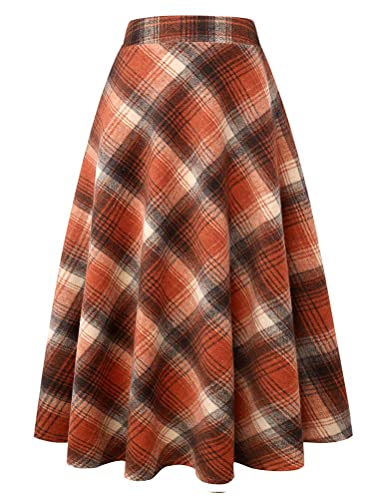 Long Plaid Wool Skirt for Womens Winter Fall Warm High Elastic Wa...