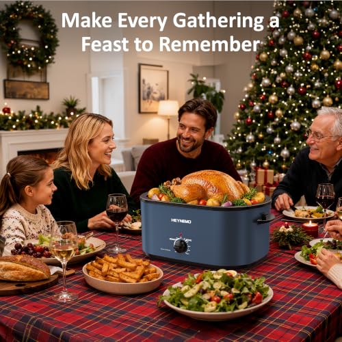 Image of 30 Quart Large Turkey Roaster with Defrost & Warm Functions, Electric Roaster Oven with Visible Self-Basting Lid, Adjustable Temperature Control, Removable Pan & Rack, Stainless Steel, Blue
