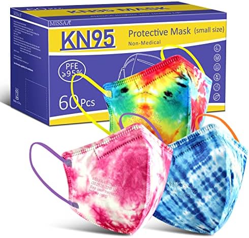 MISSAA KN95 Face Masks for Kids 60 Pcs, 5 Layers Disposable Protective Mask Small Size with Elastic Earloops for Children Boys Girls School Indoor Outdoor Use, Tie-dye