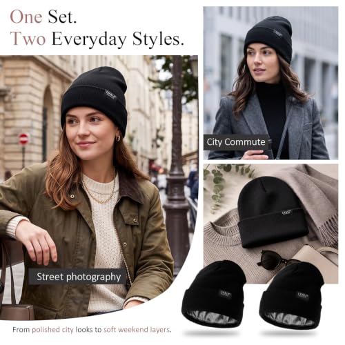 Image of 2 Pack Satin Lined Beanies for Men and Women Warm Cuffed Winter Hats | 60% cotton and 40% acrylic knit with smooth satin lining, stretch fit, cuffed ear coverage, and two-hat value for winter wear