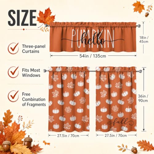 Image of Fall Pumpkin Kitchen Curtains 3 Piece Set Tier Valance | Thanksgiving Orange Kitchen Curtain Set Includes 54x18in Valance and Two 27.5x36in Tier Curtains for Kitchen Window Decor