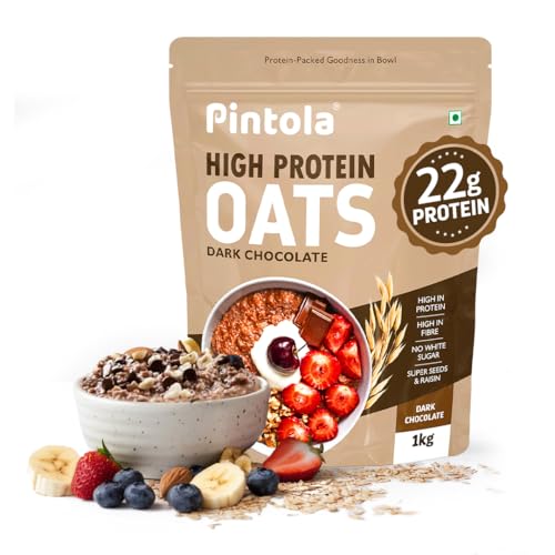 Image of Pintola High-Protein Oats Combo: Dark Chocolate 1kg + 400g | 22g Protein, No Refined Sugar, Almonds, Raisins, Pumpkin & Chia Seeds, 8g Fibre, Gluten-Free Breakfast Cereal