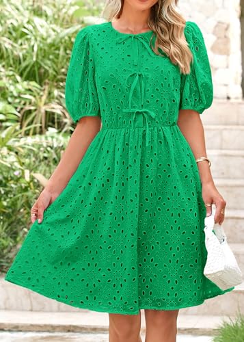 Image of KIRUNDO Eyelet Summer Dresses for Women 2025 Short Sleeve Tie Front Babydoll A Line Wedding Guest Beach Vacation Sundress