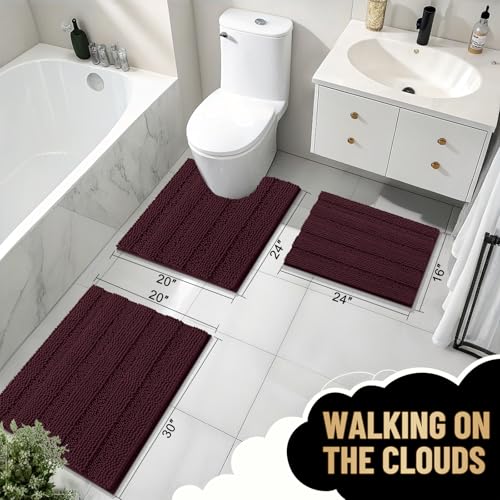 Image of OLANLY Thick Bathroom Rugs 30x20, Extra Soft Absorbent Chenille Striped Bath Rugs, Rubber Backing, Machine Wash Dry, Bath Mats for Bathroom Floor, Tub and Shower, Home Decor Accessories, Black Cherry