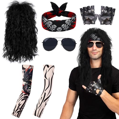 Meleager Deguisement Annee 70 80 90, Costume Rocker, Deguisement Punk, Accessoire Rock avec Perruque Lunettes Gants Bandanas Tatouage-Manches, pour Carnaval & Fête à thème