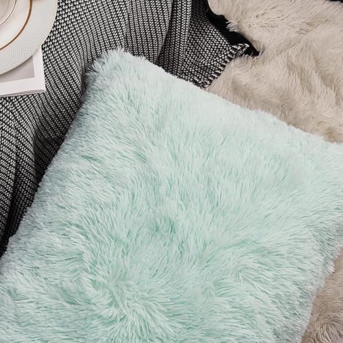 Image of Pack of 2 Luxury Fur Shaggy Fluffy Throw 12X12 Pillow Covers Set Soft Deluxe Decorative Plush Fleece Pillowcases for Cushion Couch Sofa Bedroom Home (Aqua Green, 12x12)