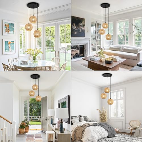 Image of Round 3 Light Boho Pendant Light Rattan Hanging Lamp | Hand Woven Wicker Small Chandelier Hanging Lights Fixture for Bedroom Kitchen Hallway Foyer