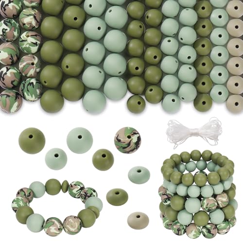 Coiris 101pcs Silicone Beads for Keychain Making 15mm 12mm Multicolor Round Lentil Focal Beads for Pens Bracelet Jewelry Making(PJ1002-Camouflage)