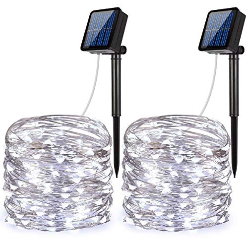 Criacr Solar Lichterkette, 10M 100 LED Lichterkette, 2 Modi, Kupferdraht Wasserdicht IP65 Lichterketten, Garten Außen Weiß, Solar Beleuchtung für Party, Weihnachten, Fest Deko usw.(2er Pack)