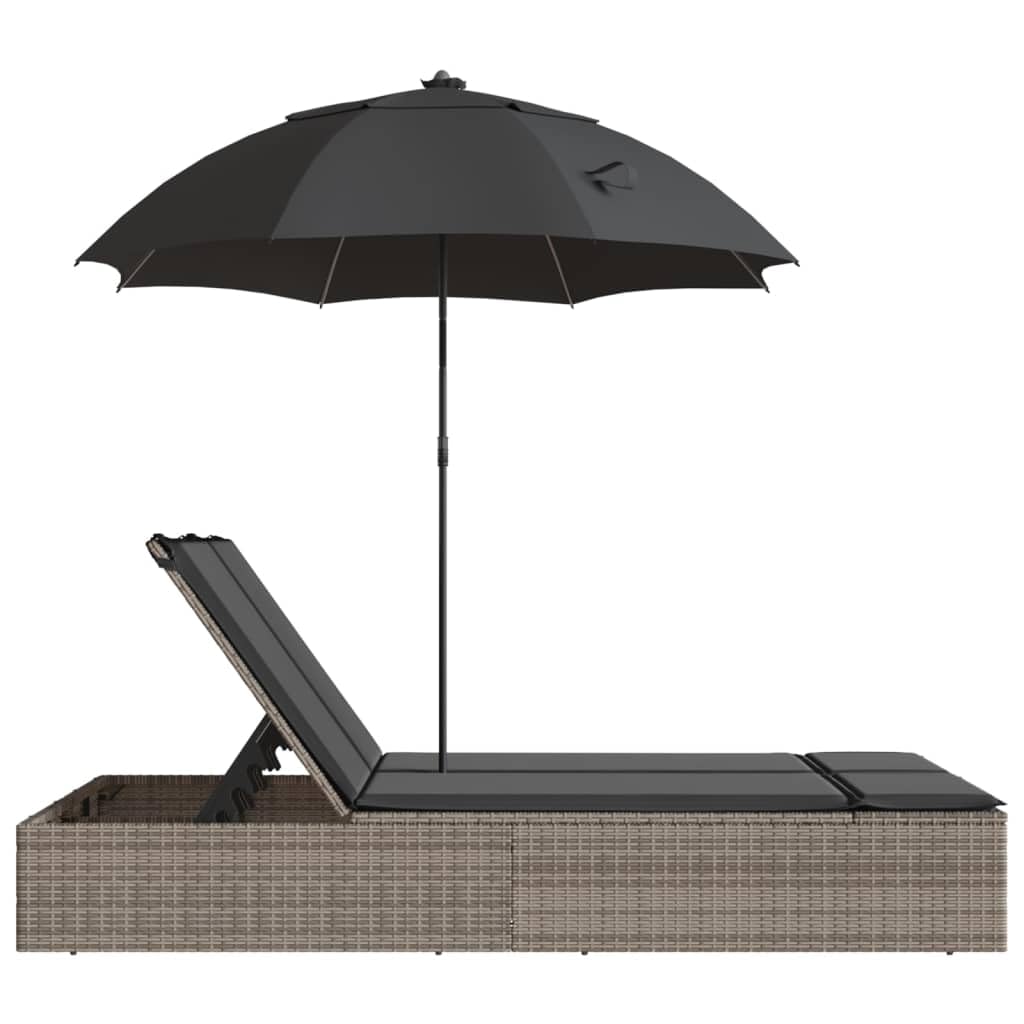 vidaXL Chaise Longue Double et Coussins et Parasol Gris résine tressée