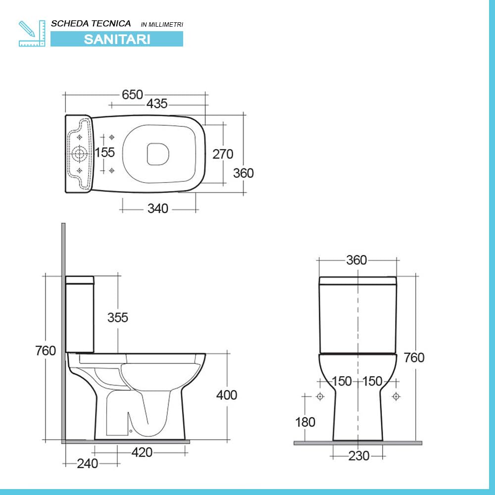 Coppia di sanitari monoblocco con scarico a pavimento e cassetta in ceramica, bidet FILOMURO e copriwc originale, ORIGIN