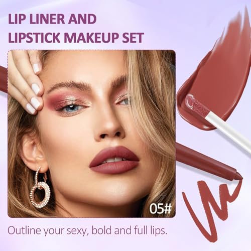 Prreal 2Pcs Lip Liner and Lipstick Makeup Set, Matte Liquid Lipstick with Lip Liner, Velvety Lipstick Makeup Kit Set, Waterproof Long Lasting Lipliner Pen Kit Giftï¼#05 - Image 3