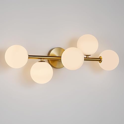 Lámparas de tocador de baño doradas: moderno baño 5 luces de latón dorado cepillado iluminación de pared - Luz de tocador con pantalla de vidrio de